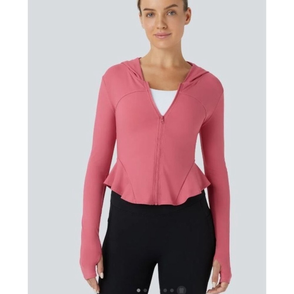 Softlyzero™ Zipper Long Sleeve Thumb Hole Ruffle Hem Hooded Slim Yoga Jacket XS